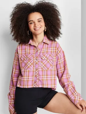 Damen Karo Crop Shirt, Rosa