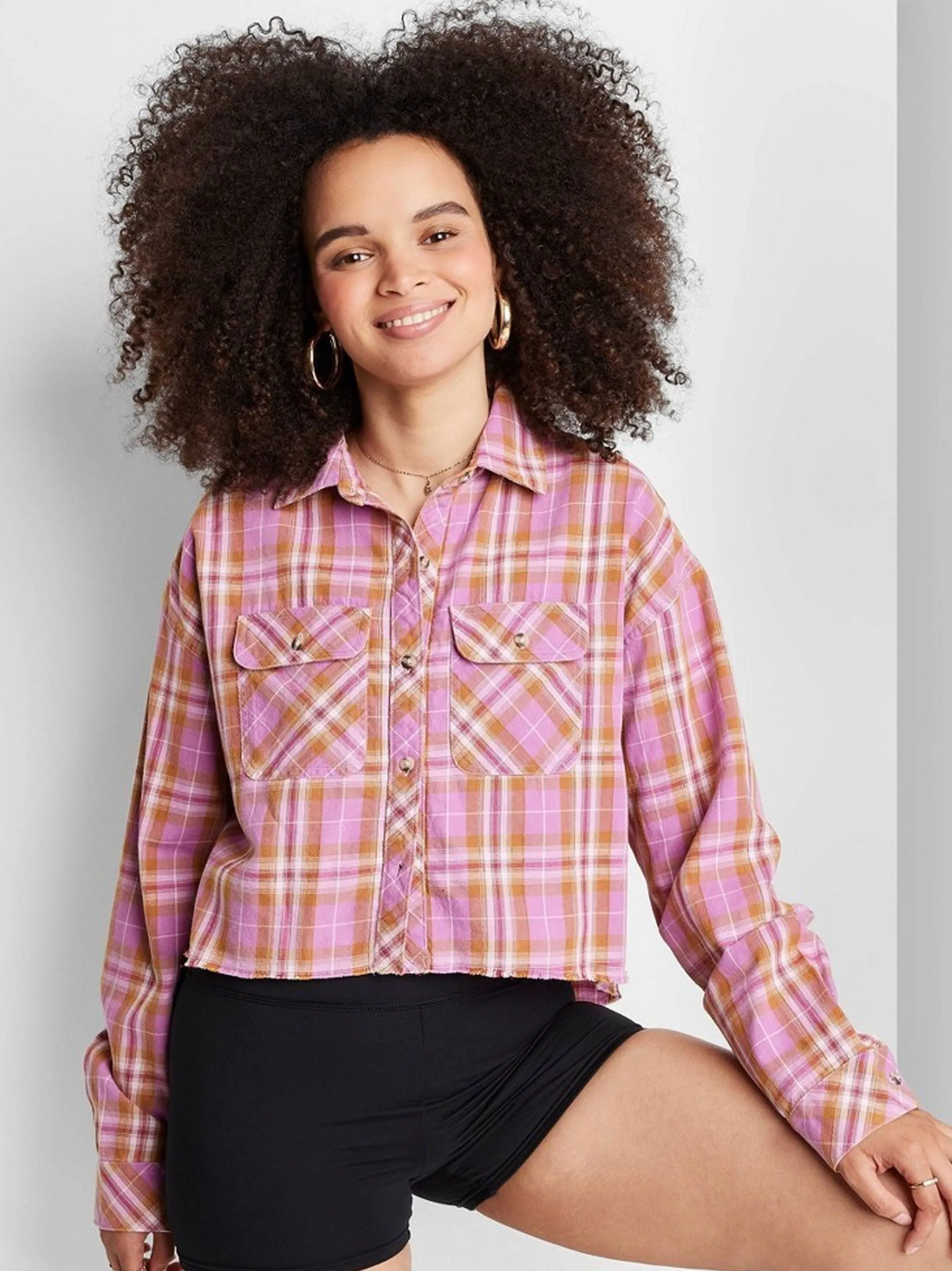 Damen Karo Crop Shirt, Rosa