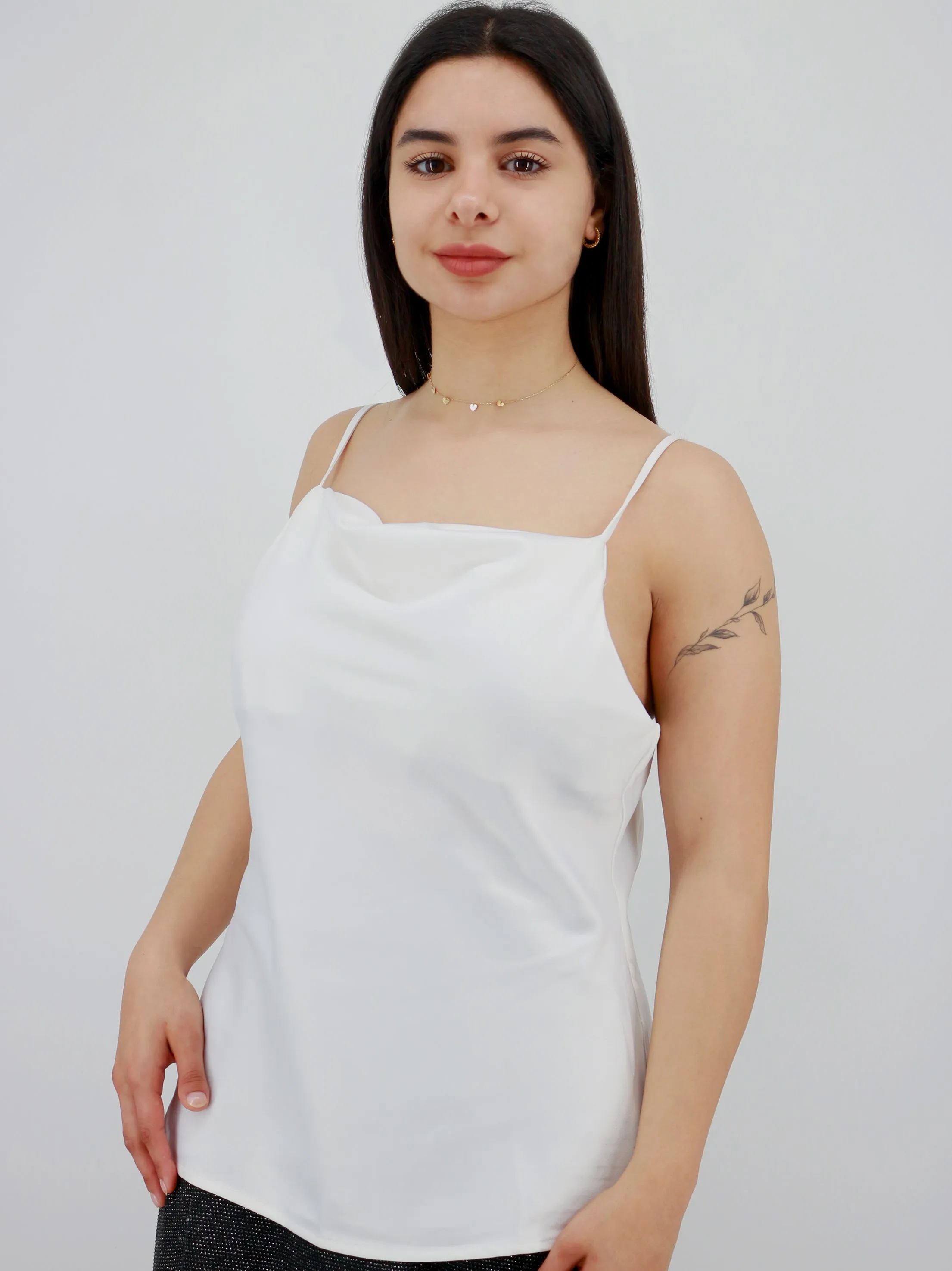 Damen Top aus glattem Satin, Einfarbig, Weiß