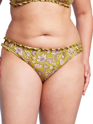 Damen-Bikini-Unterteil mit Rüschendetail und Blumenprint, Grün