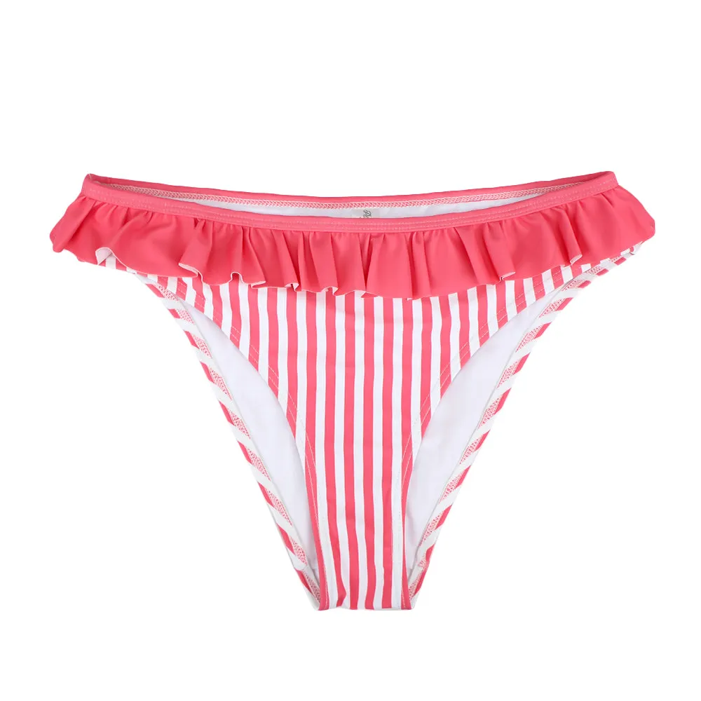 Damen-Bikiniunterteil mit Rüschensaum und Streifen, Rosa