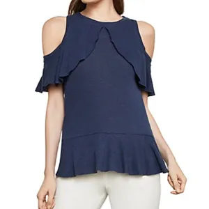 Damen Rüschenpullover mit Kalt-Schulter-Ausschnitt, Marineblau