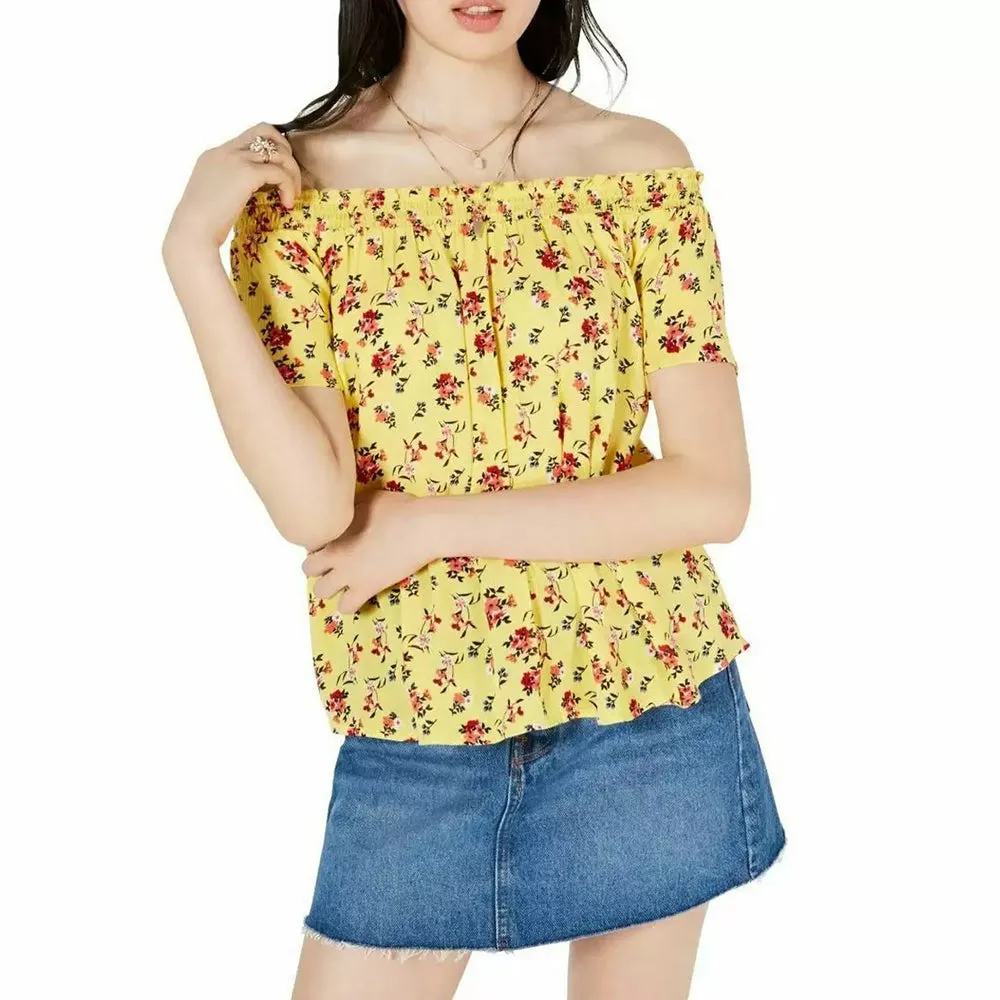 Damen Bluse mit Rüschen und Blumenmuster, Gelb