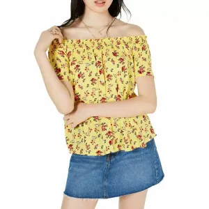 Damen Bluse mit Rüschen und Blumenmuster, Gelb