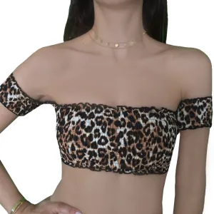 Damen-Smocked-Bikini-Oberteil im Leopardenmuster, Schwarz/Kamel