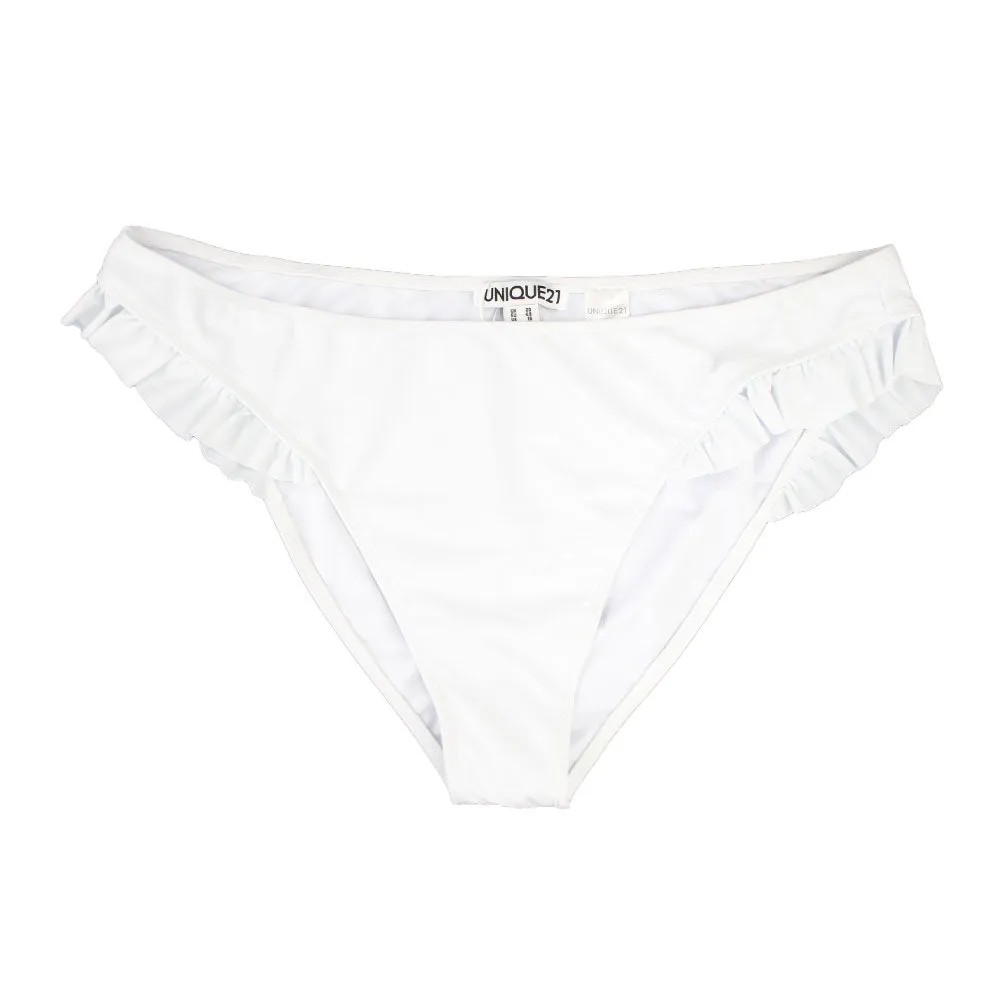 Damen-Bikiniunterteil mit Volant-Seitendetail, Weiß