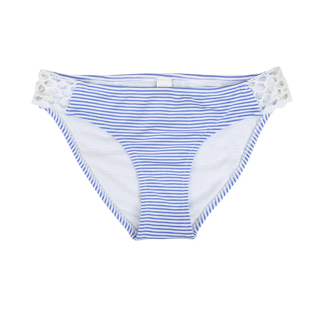 Damen-Bikiniunterteil mit Streifen und Spitze an der Seite, Blau/Weiß