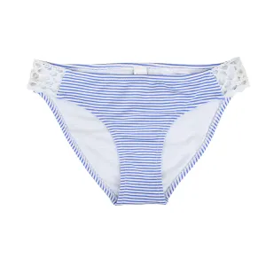 Damen-Bikiniunterteil mit Streifen und Spitze an der Seite, Blau/Weiß