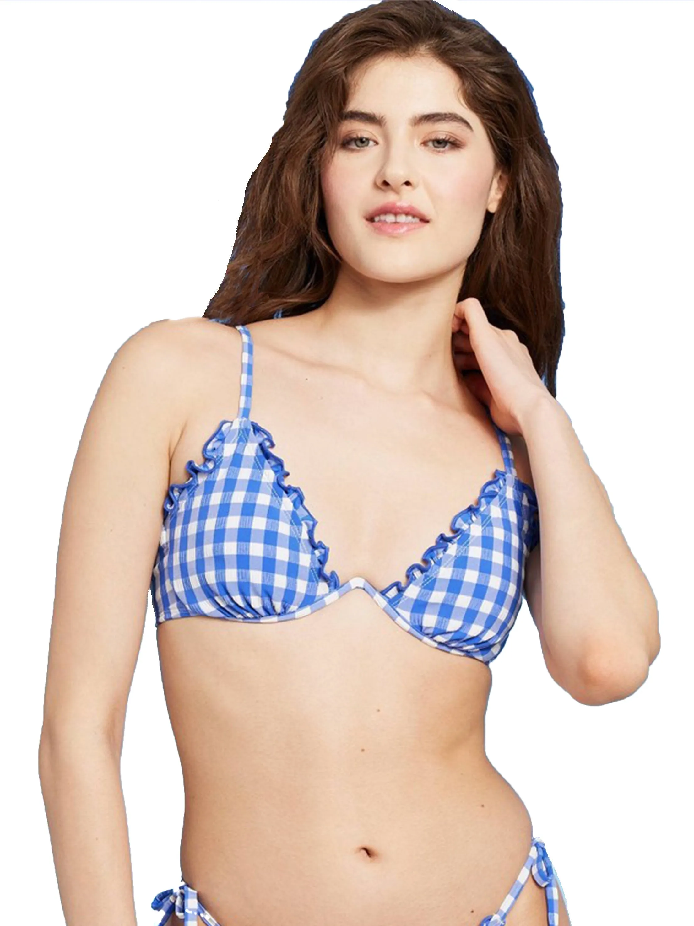 Damen Bikini-Oberteil mit strukturiertem Karomuster und Rüschenbesatz, Blau