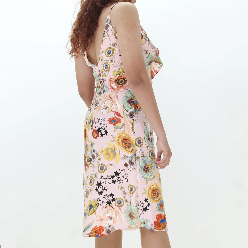 Damen Kleid mit Bindegürtel und Druck, Rosa