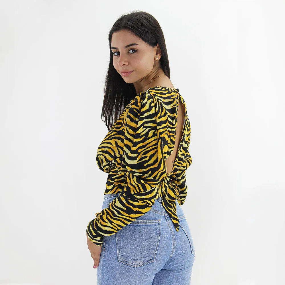 Damen Zebra-Print Oppen Rückenfreies Top, Gelb/Schwarz